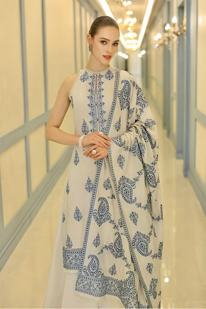 3 Piece - Embroidered Lawn Suit With Chiffon Dupatta